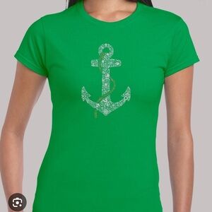 NWT ZARA Nautical Green Anchor Women's Tee Short Sleeves Size L